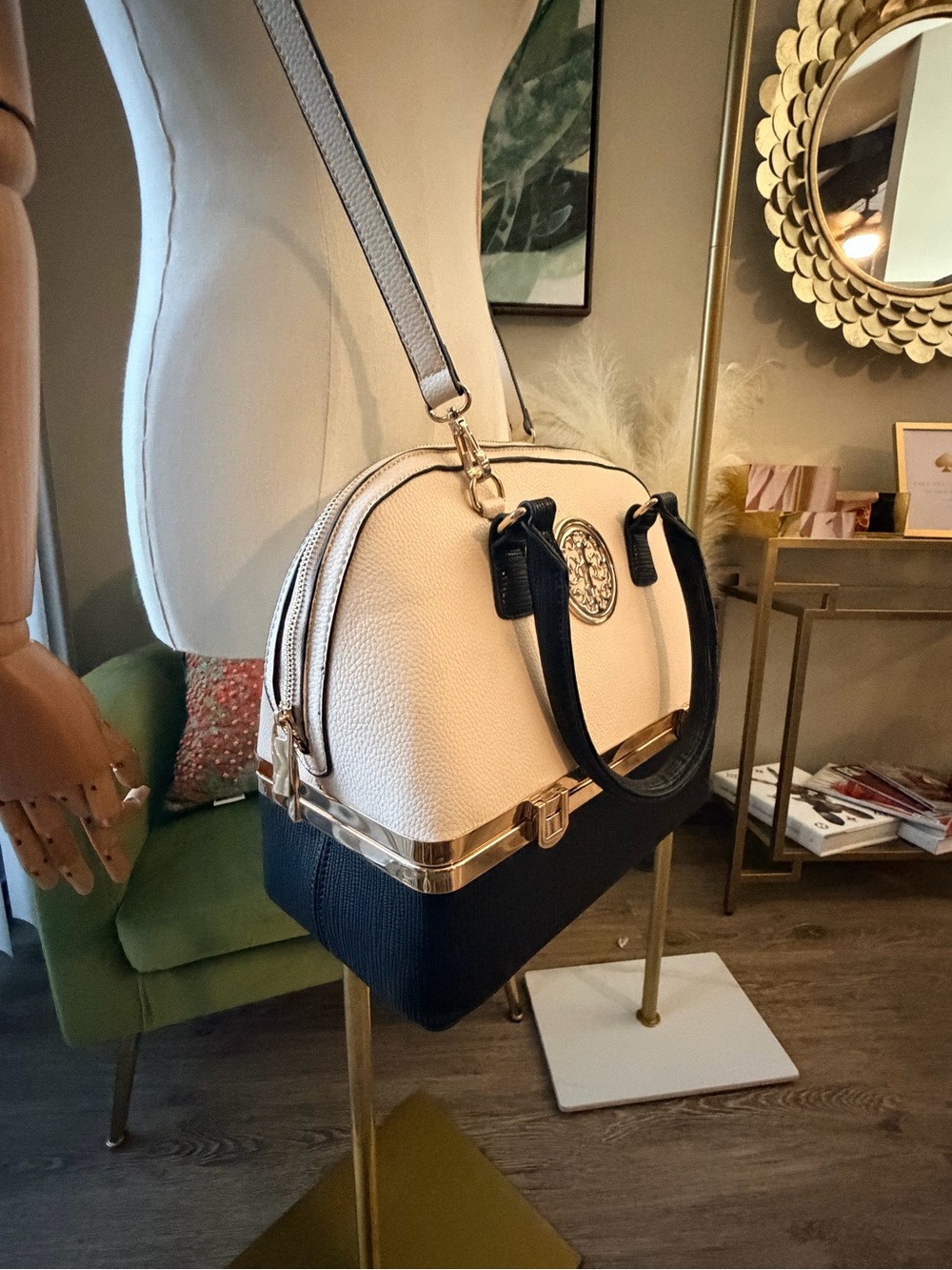 Women’s Two-Tone Pink and Black Structured Satchel with Gold Hardware - Picture 10 of 12